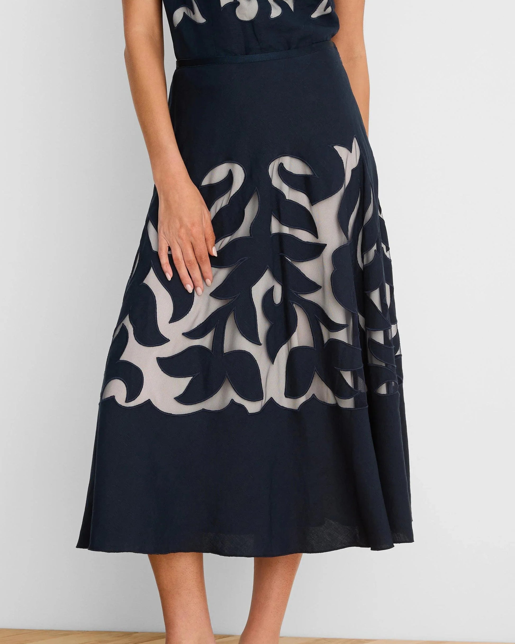 Gold Label Antibes Linen Cut Out Skirt in navy linen with intricate motifs by NIC AND ZOE