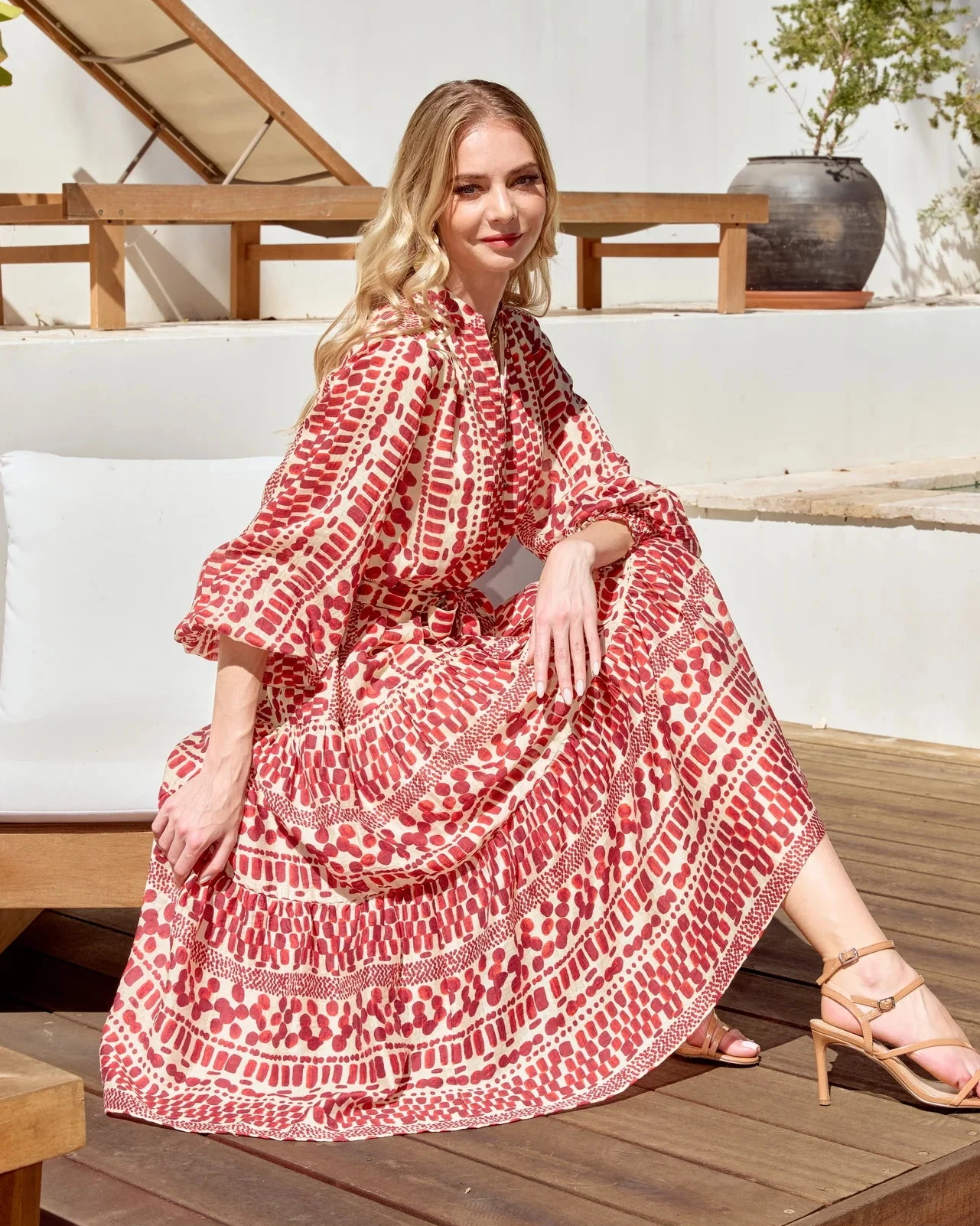 Front Split Buttons Midi Dress - Crimson Rhythm