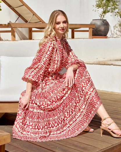 Front Split Buttons Midi Dress - Crimson Rhythm