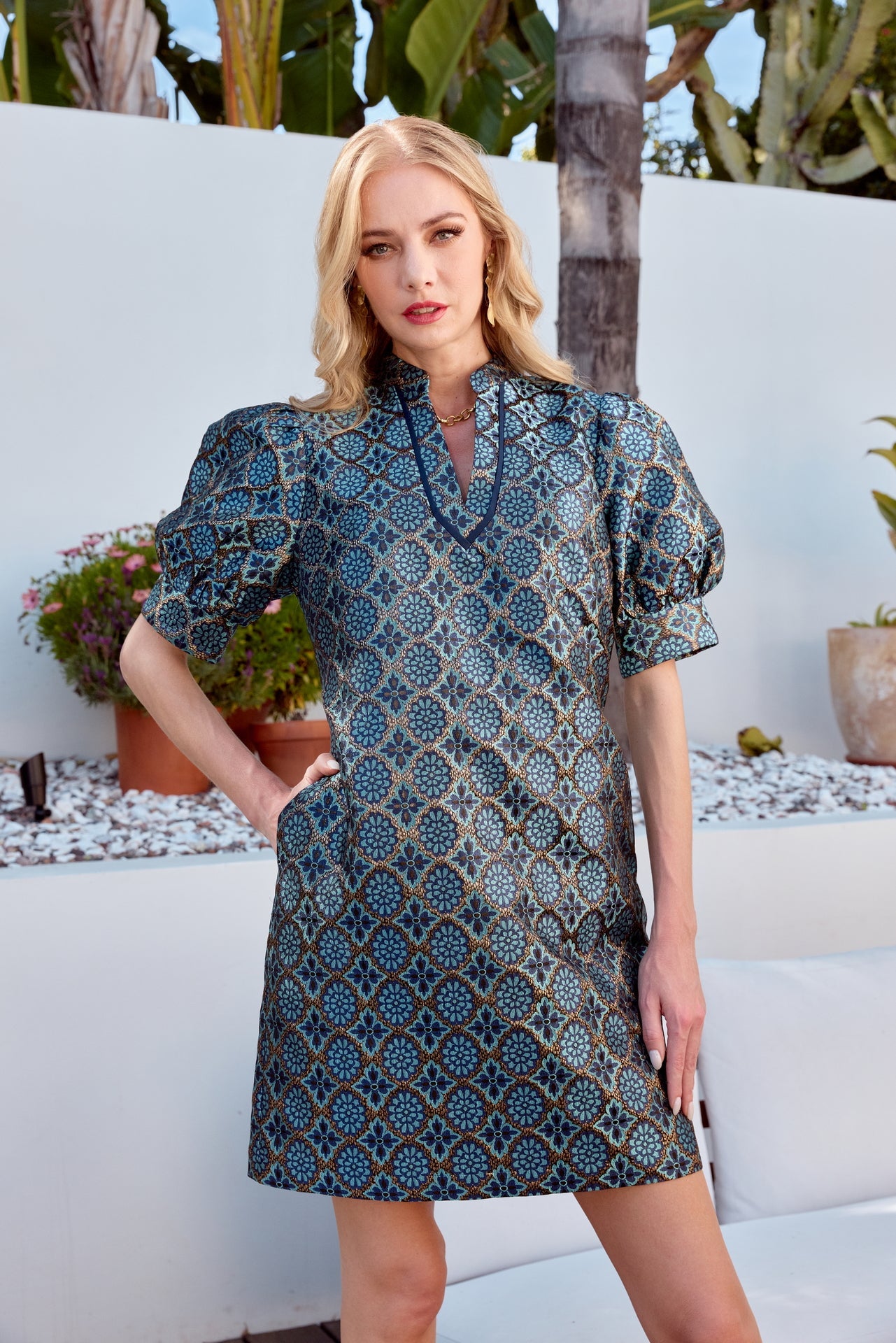 Collar Trimmed v-Neck Dress - Gilded Trellis