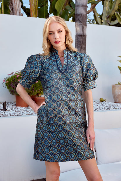 Collar Trimmed v-Neck Dress - Gilded Trellis