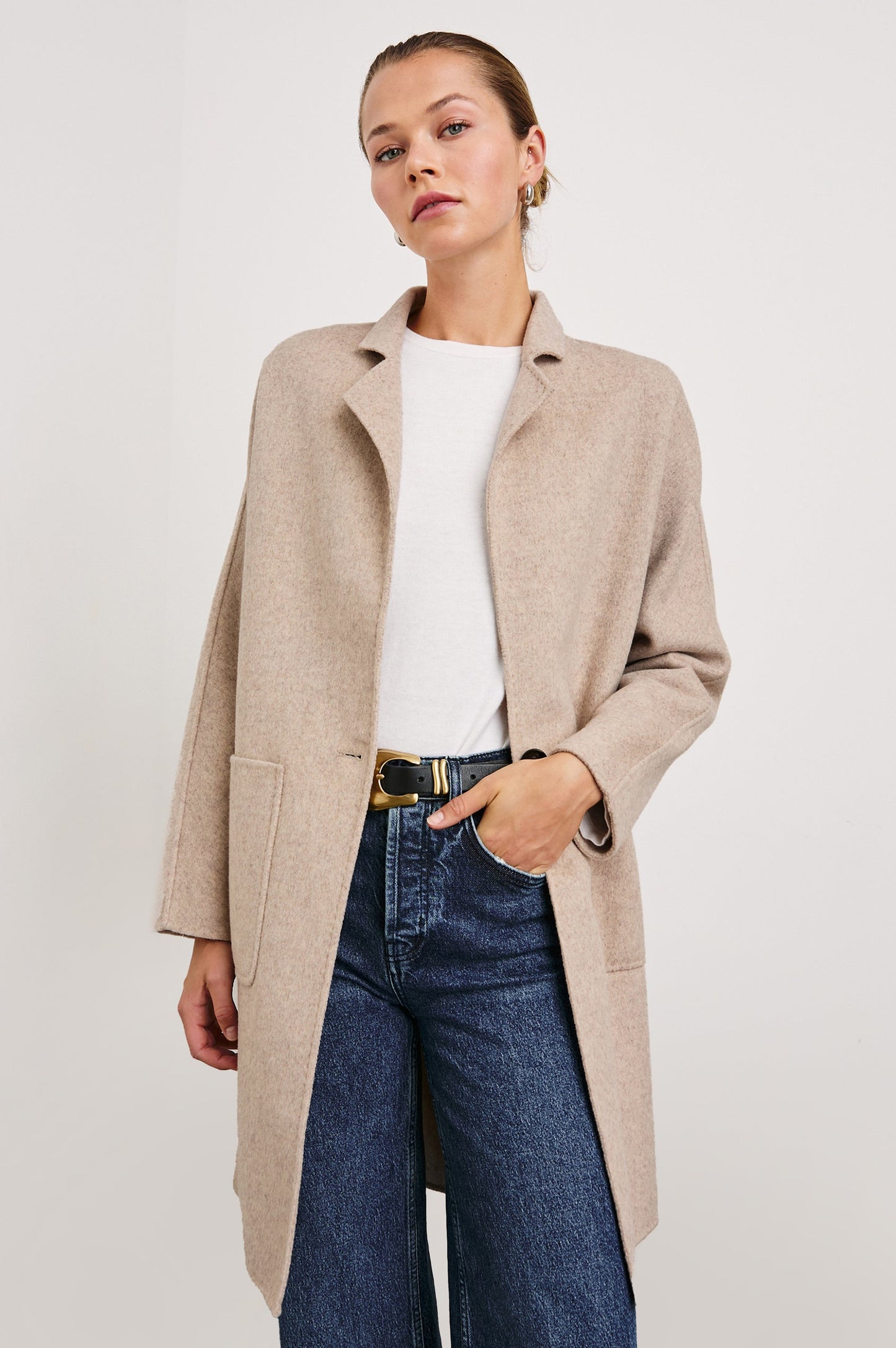 Everest Coat - Oatmeal heavyweight beige wool blend coat with oversized fit and patch pockets by RAILS