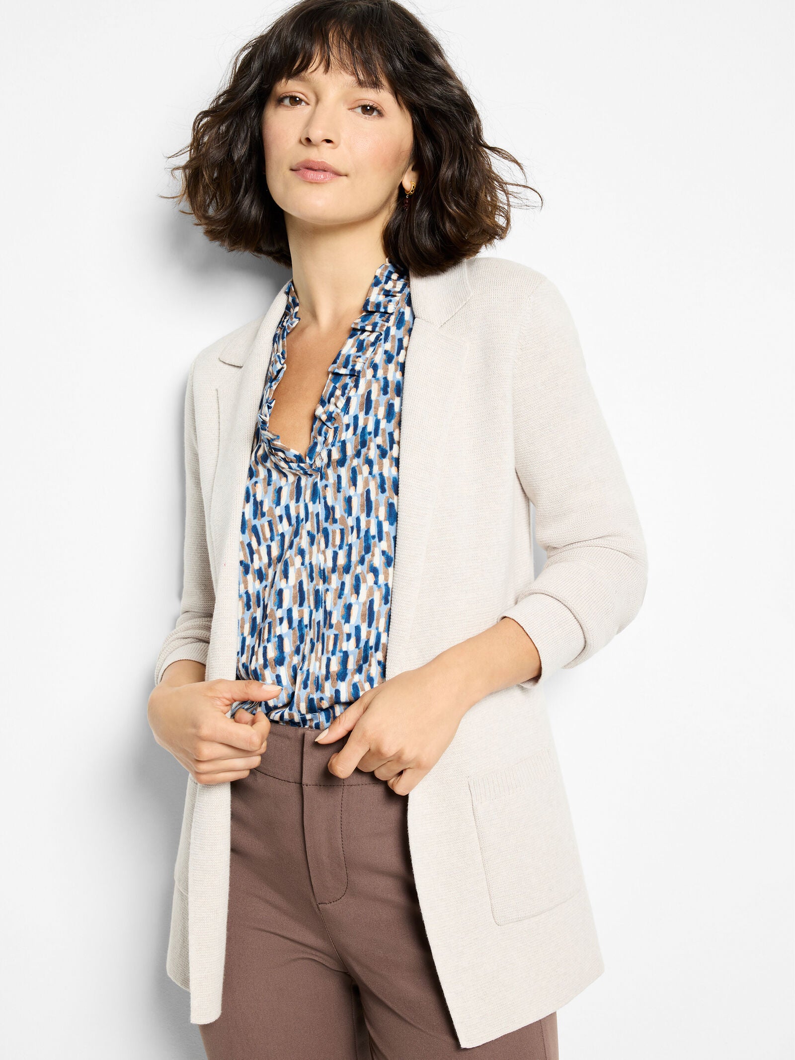 Elegant knit blazer in sugar cookie, patch pocket, open front, long sleeves