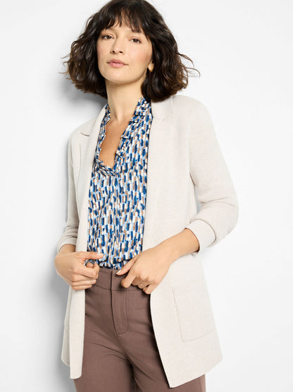 Elegant knit blazer in sugar cookie, patch pocket, open front, long sleeves