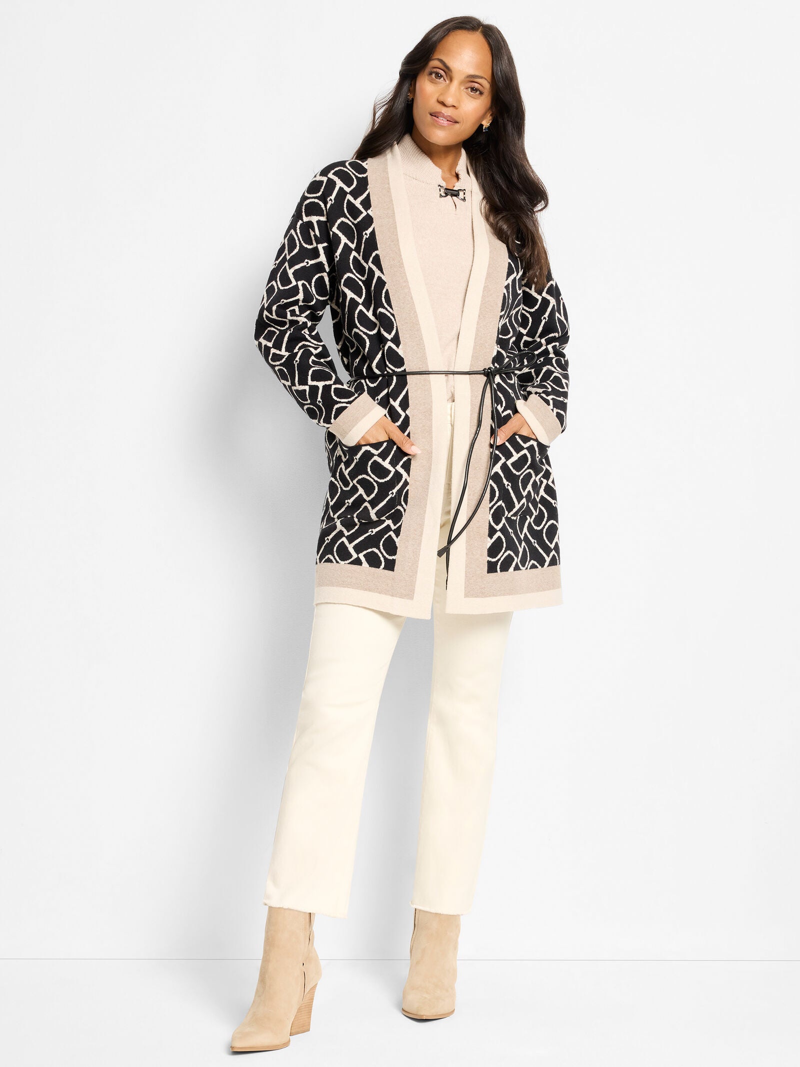 Black belted equestrian jacket with linked print, beige cuffs and waist tie