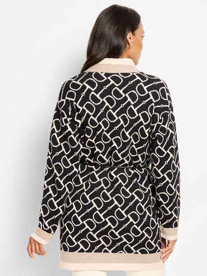 Back of belted equestrian jacket, black linked print with beige hem band
