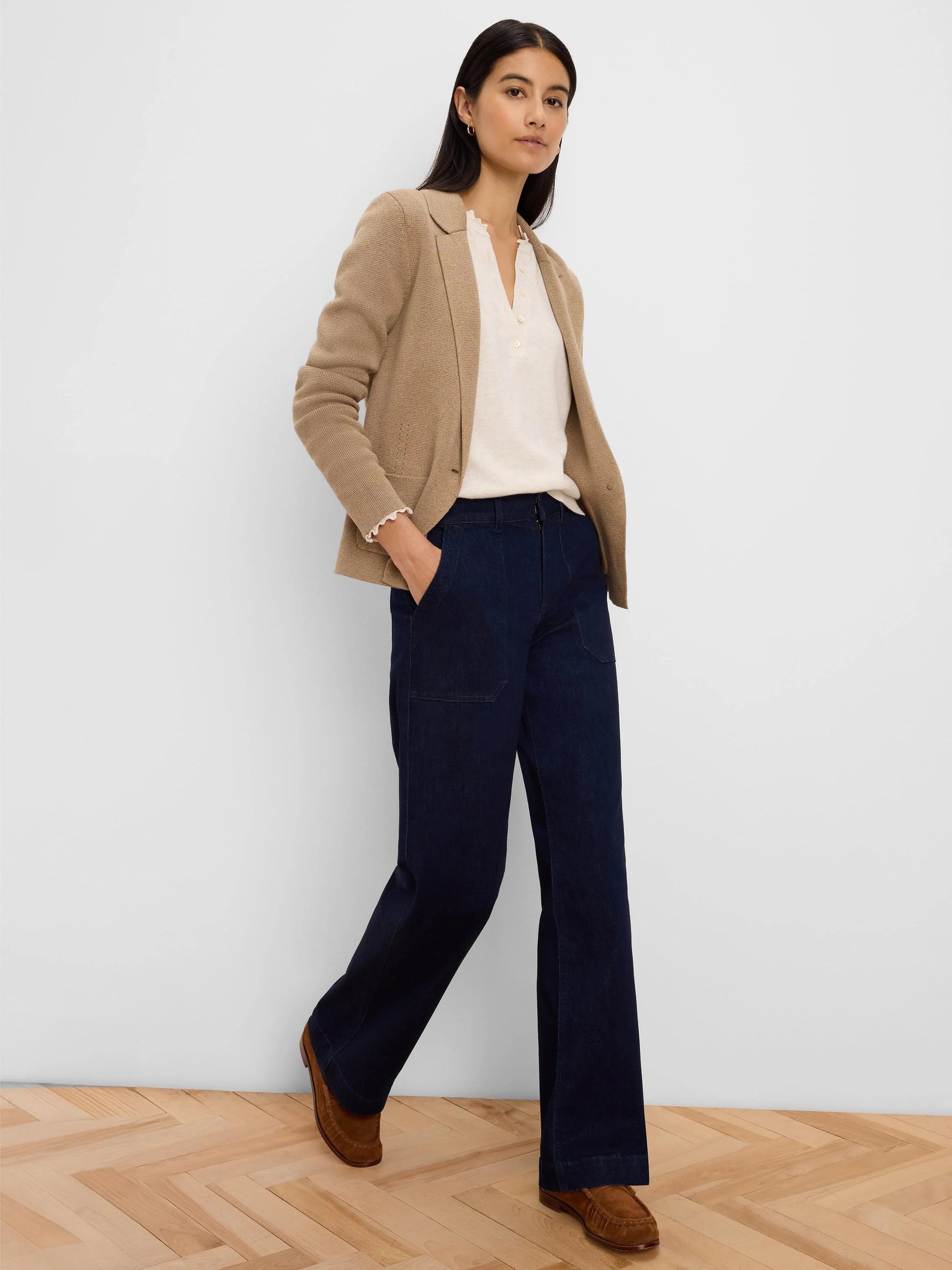 Elegant Knit Tailored Blazer styled with casual white top and dark wide-leg pants by NIC AND ZOE