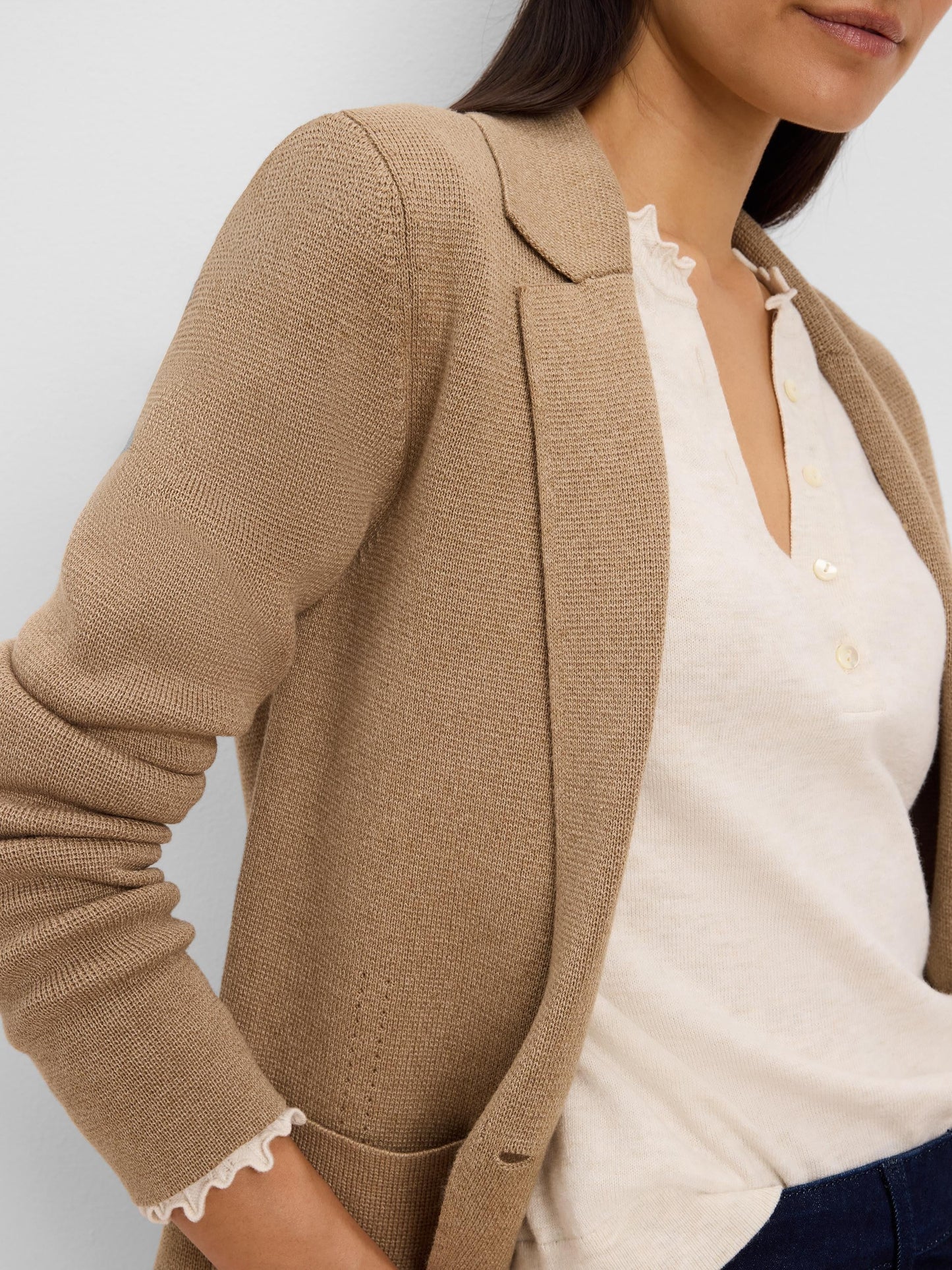 Elegant Knit Tailored Blazer by NIC AND ZOE in soft tan knit, Women's Jackets Nic + Zoe HCO arrivals