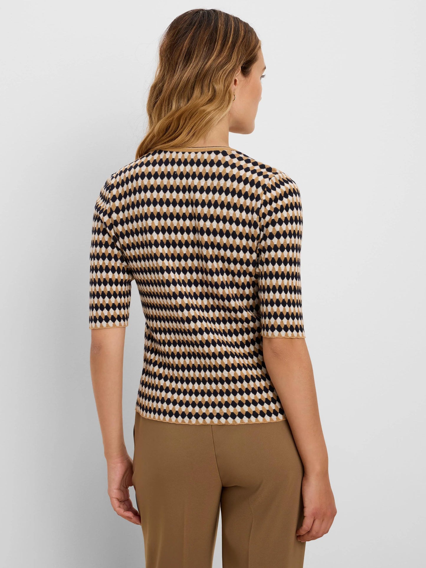 Angled Jacquard Sweater in beige diamond pattern, stretchable knit from NIC AND ZOE Women's Sweaters