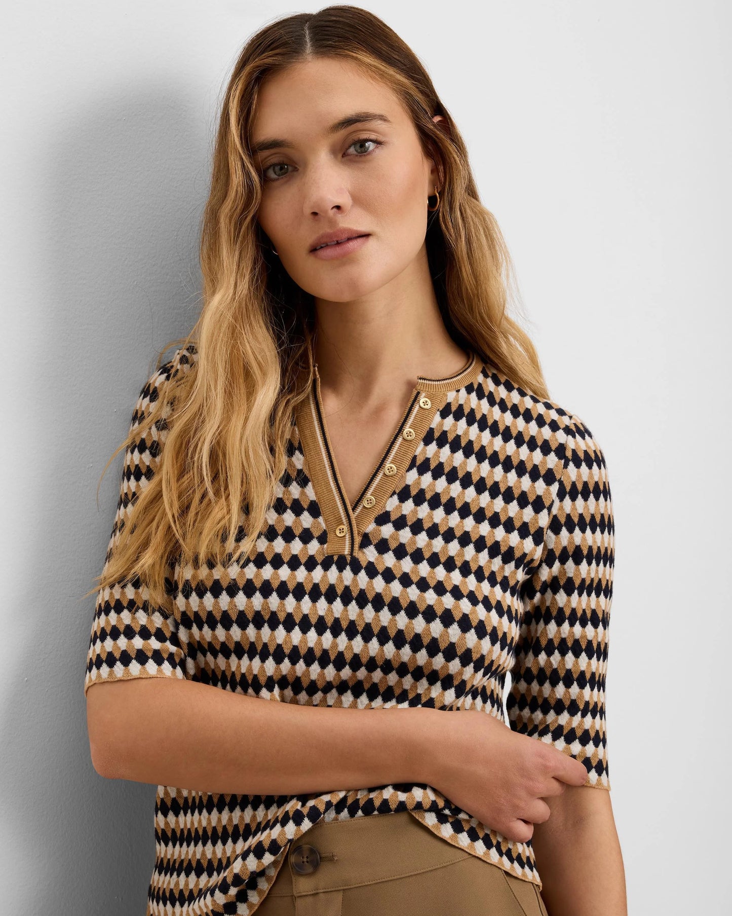 Angled Jacquard Sweater in beige diamond pattern by NIC AND ZOE, Women's Sweaters HCO arrivals