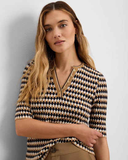 Angled Jacquard Sweater in beige diamond pattern by NIC AND ZOE, Women's Sweaters HCO arrivals