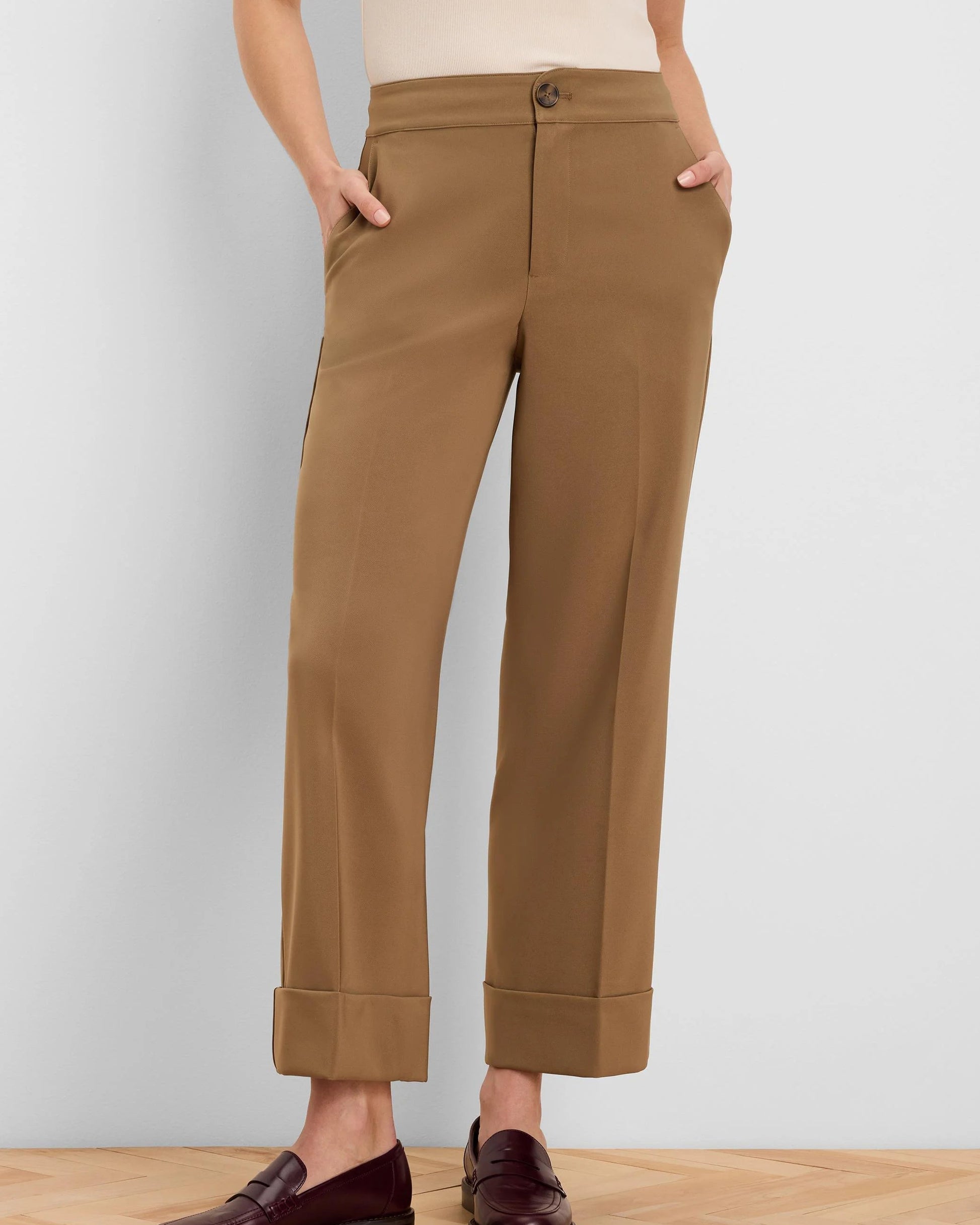 Clarendon Sleek Stretch Cuffed Ankle Pant in brown stretch fabric by NIC AND ZOE from Women's Pants