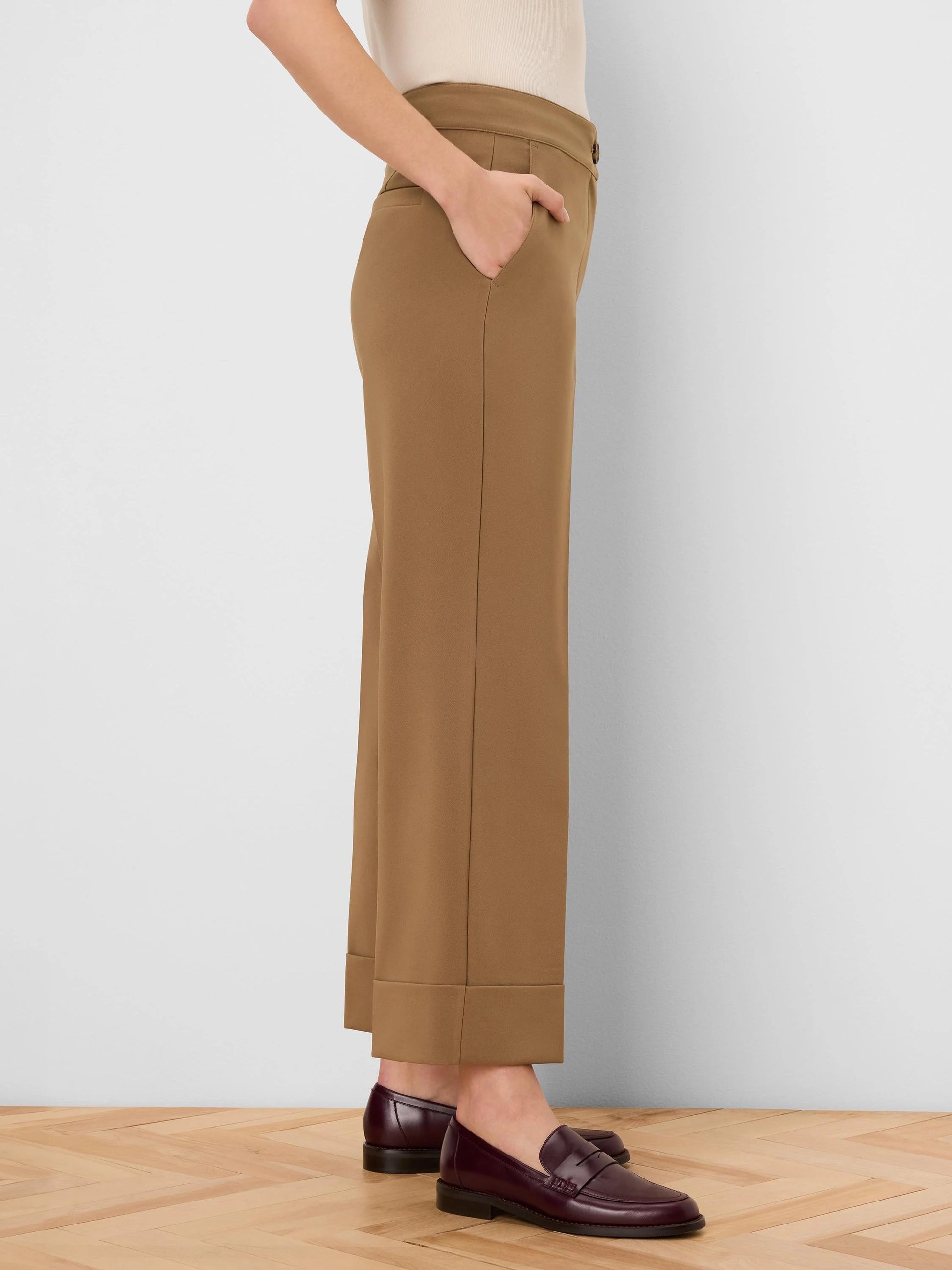 Clarendon Sleek Stretch Cuffed Ankle Pant in brown stretch fabric, straight leg by NIC AND ZOE