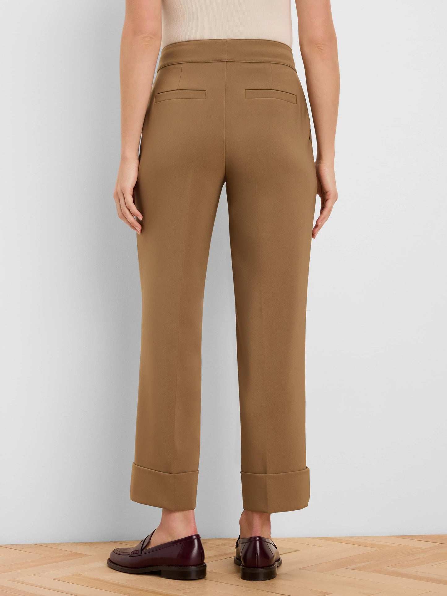 Clarendon Sleek Stretch Cuffed Ankle Pant in brown stretch fabric, straight leg by NIC AND ZOE