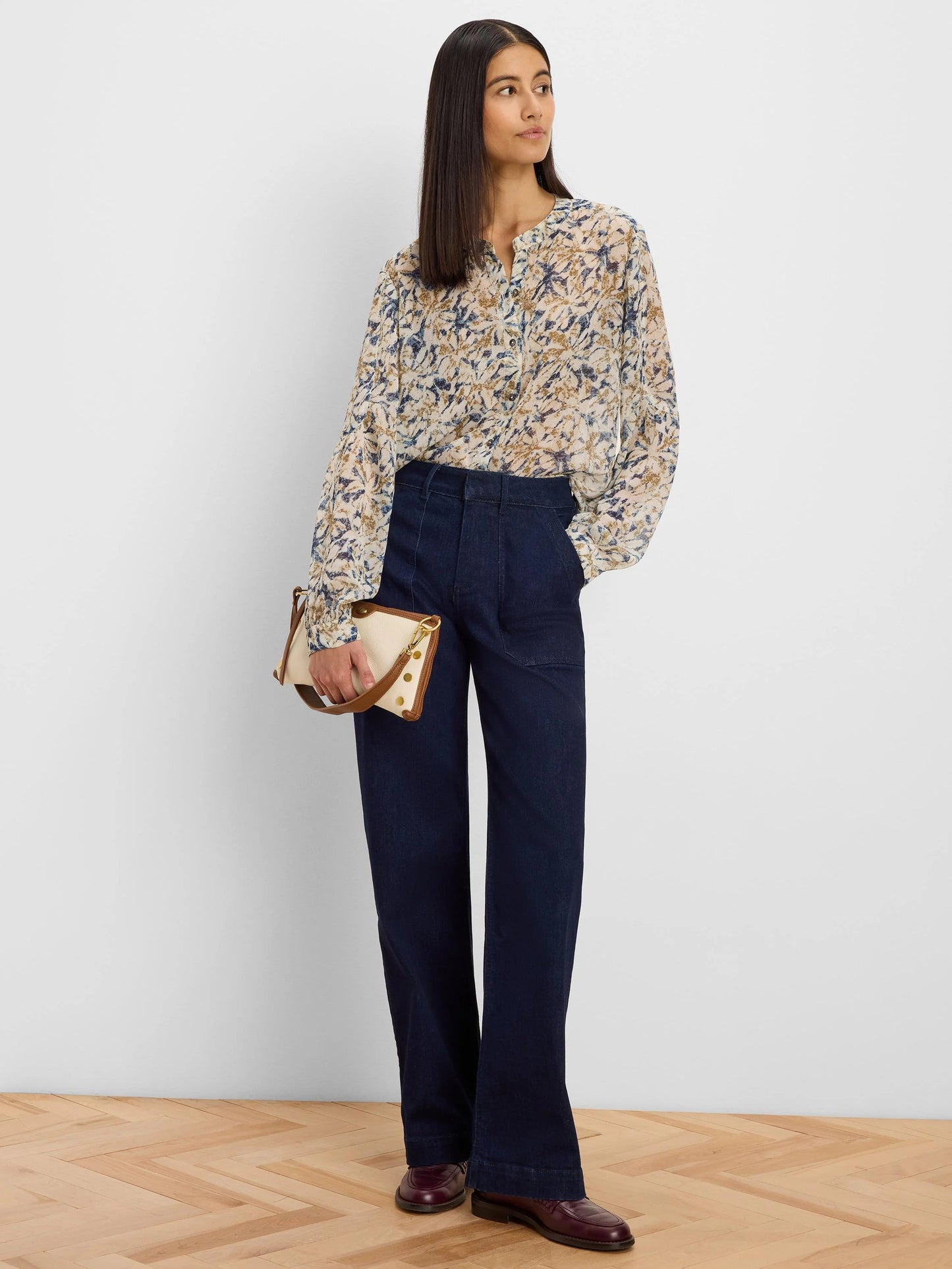 Bloomsbury Chiffon Shirt floral beige blouse with sleeve stitching by NIC AND ZOE, Women's Arrivals