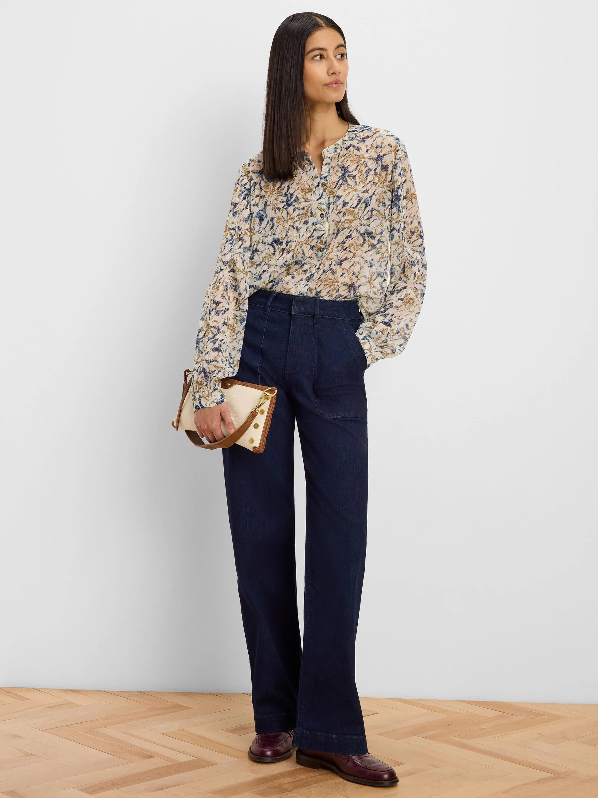 Bloomsbury Chiffon Shirt floral beige blouse with sleeve stitching by NIC AND ZOE, Women's Arrivals