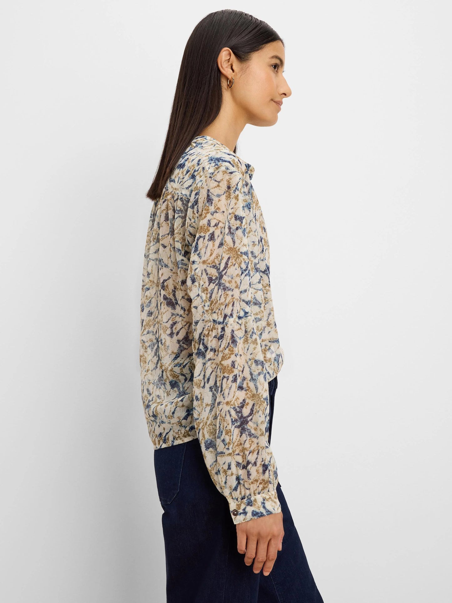 Bloomsbury Chiffon Shirt in beige floral chiffon with structured sleeves by NIC AND ZOE
