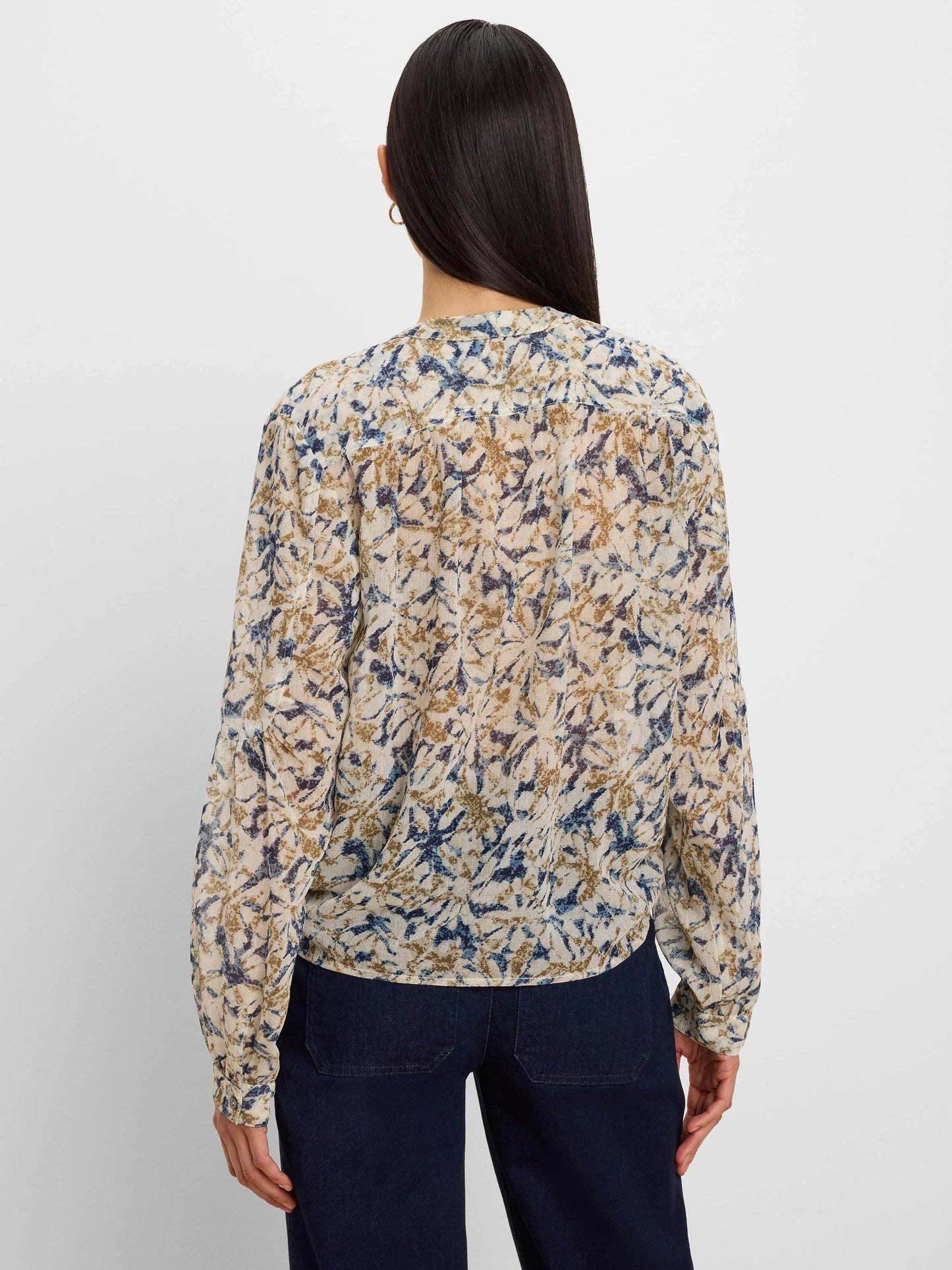 Bloomsbury Chiffon Shirt in beige floral chiffon with sleeve stitching by NIC AND ZOE