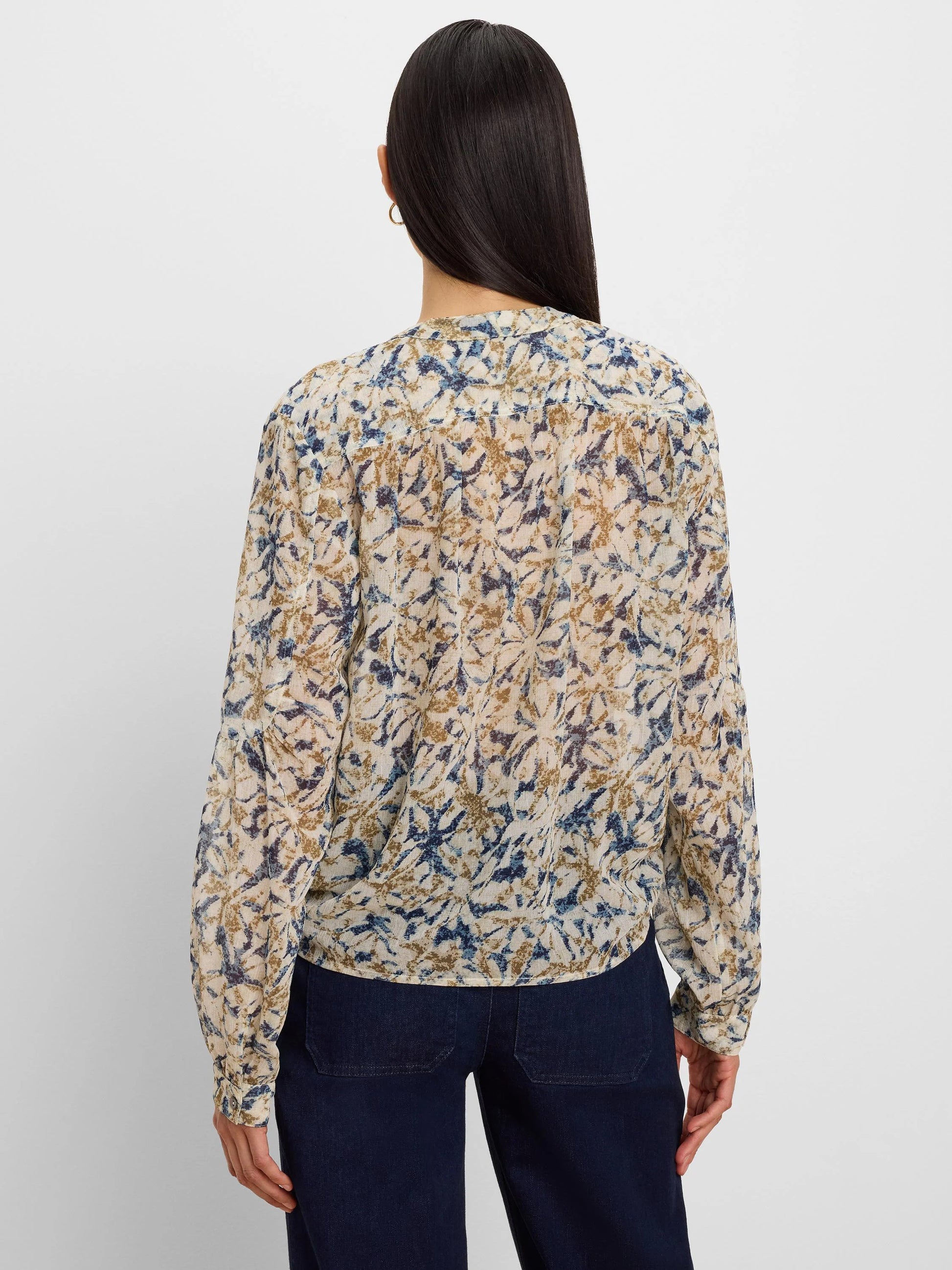 Bloomsbury Chiffon Shirt in beige floral chiffon with sleeve stitching by NIC AND ZOE
