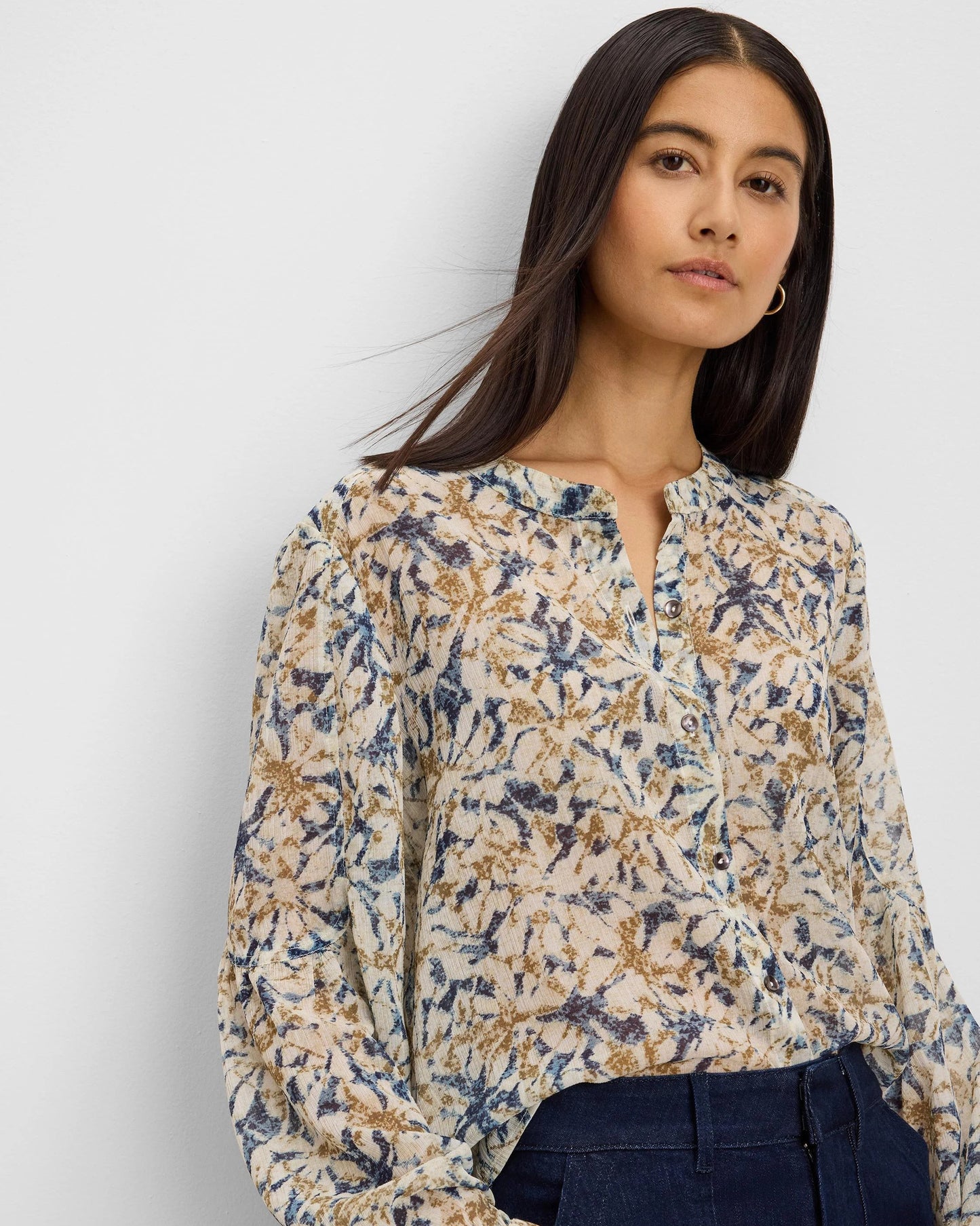 Bloomsbury Chiffon Shirt in floral beige chiffon with structured sleeves by NIC AND ZOE