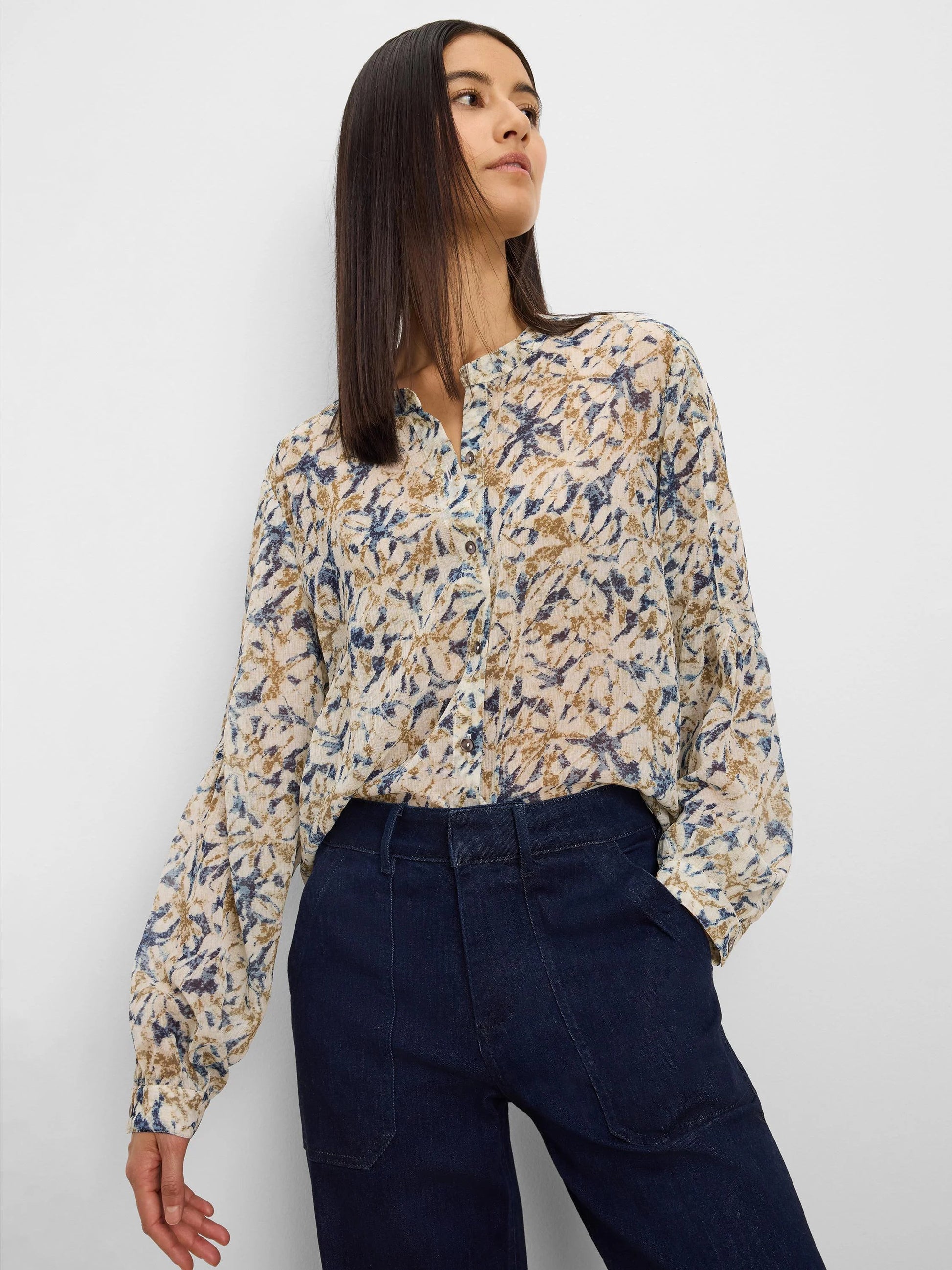 Bloomsbury Chiffon Shirt floral beige long sleeve blouse by NIC AND ZOE, Women's Long Sleeve Shirts