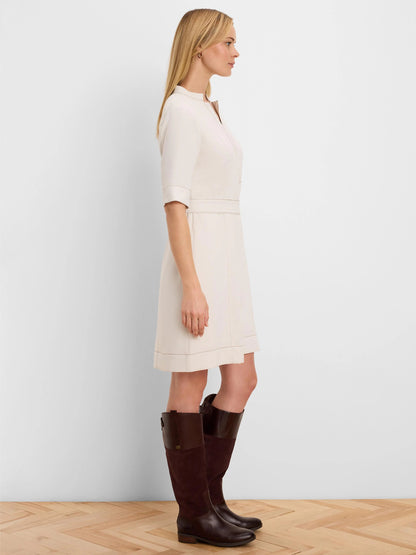 Double Crepe Camilla Dress in beige double crepe fabric styled with boots by NIC AND ZOE