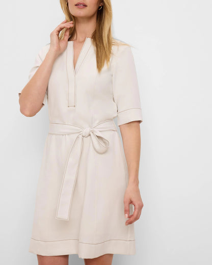 Double Crepe Camilla Dress in beige with set-in sleeves and tie waist by NIC AND ZOE