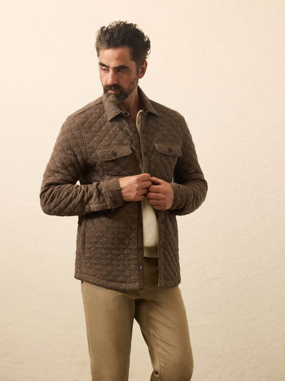 Quilted Fleece CPO-Jacke, dunkelbraunes Melange mit Knopfleiste