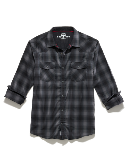 Bluffs Ls Outdoor Performance Western Shirt with gray black checkered pattern, men's long sleeve by FLAG & ANTHEM