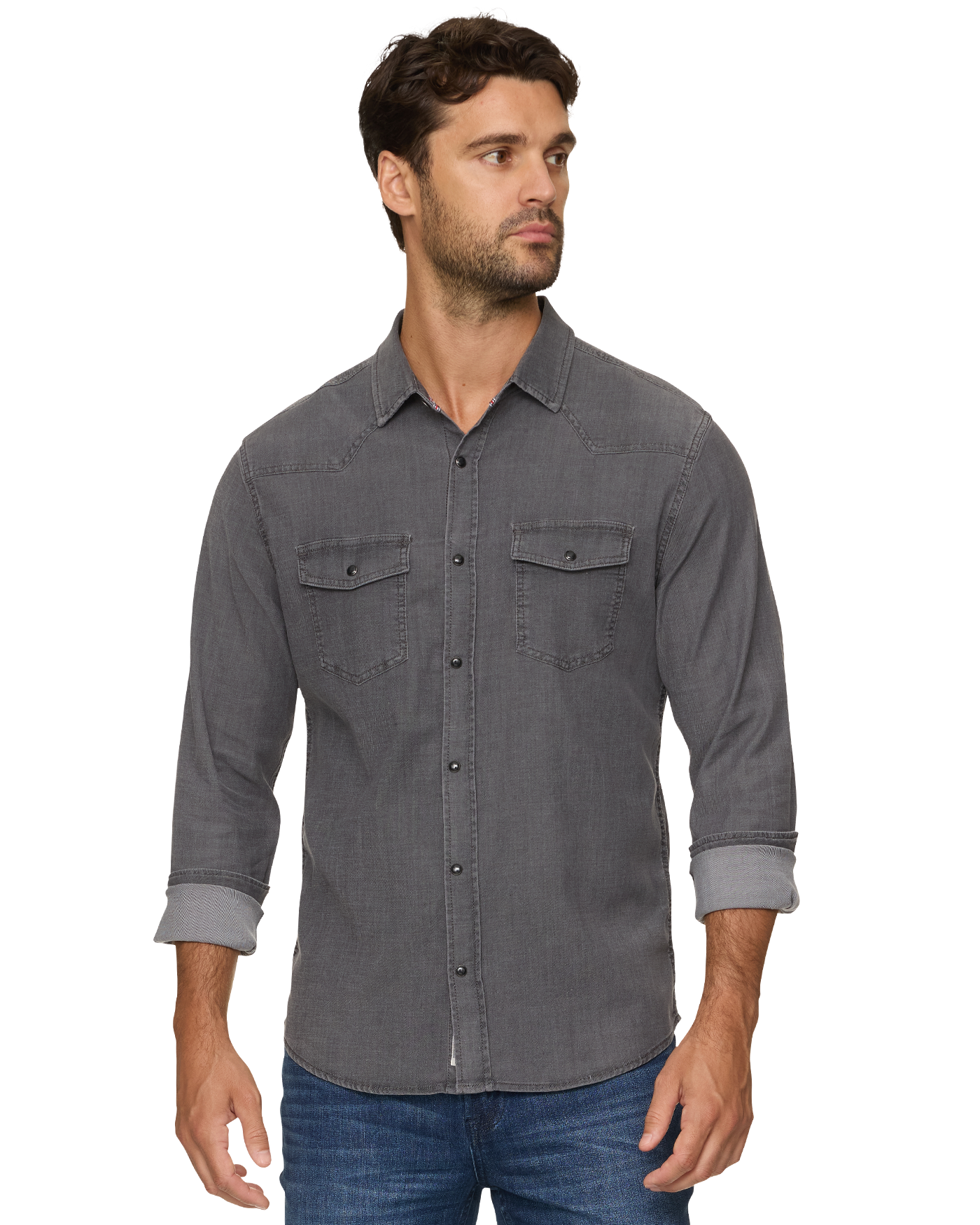 Sacramento Ls Stretch Chambray Western Shirt in gray, men's long sleeve by FLAG & ANTHEM