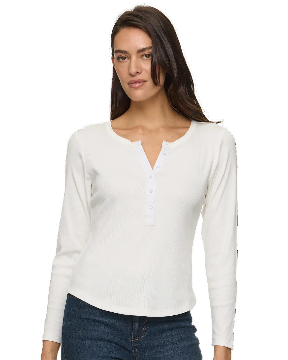 Woman wearing a white long-sleeve henley top and dark jeans on a white background