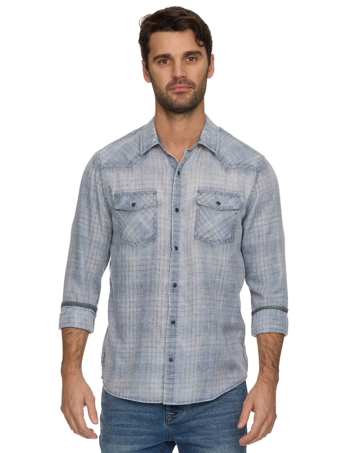 Millbrook LS Vintage Soft Western Shirt by FLAG & ANTHEM in light blue worn by man