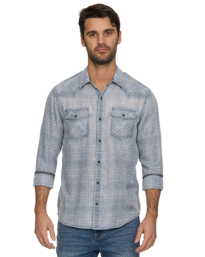 Millbrook LS Vintage Soft Western Shirt by FLAG & ANTHEM in light blue worn by man