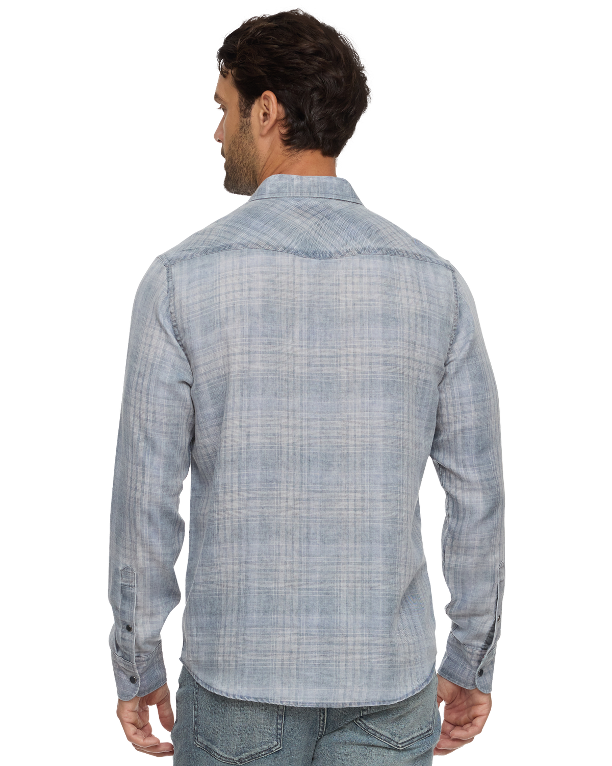 Millbrook LS Vintage Soft Western Shirt by FLAG & ANTHEM in light blue worn from behind