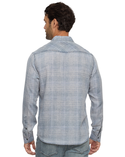 Millbrook LS Vintage Soft Western Shirt by FLAG & ANTHEM in light blue worn from behind