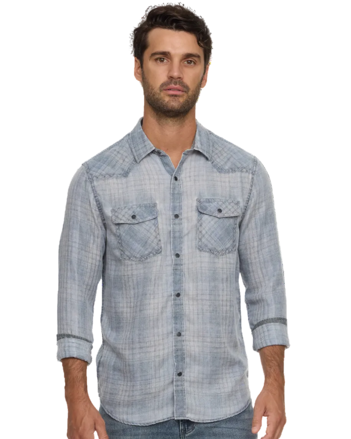 Millbrook LS Vintage Soft Western Shirt by FLAG & ANTHEM in light gray worn by man