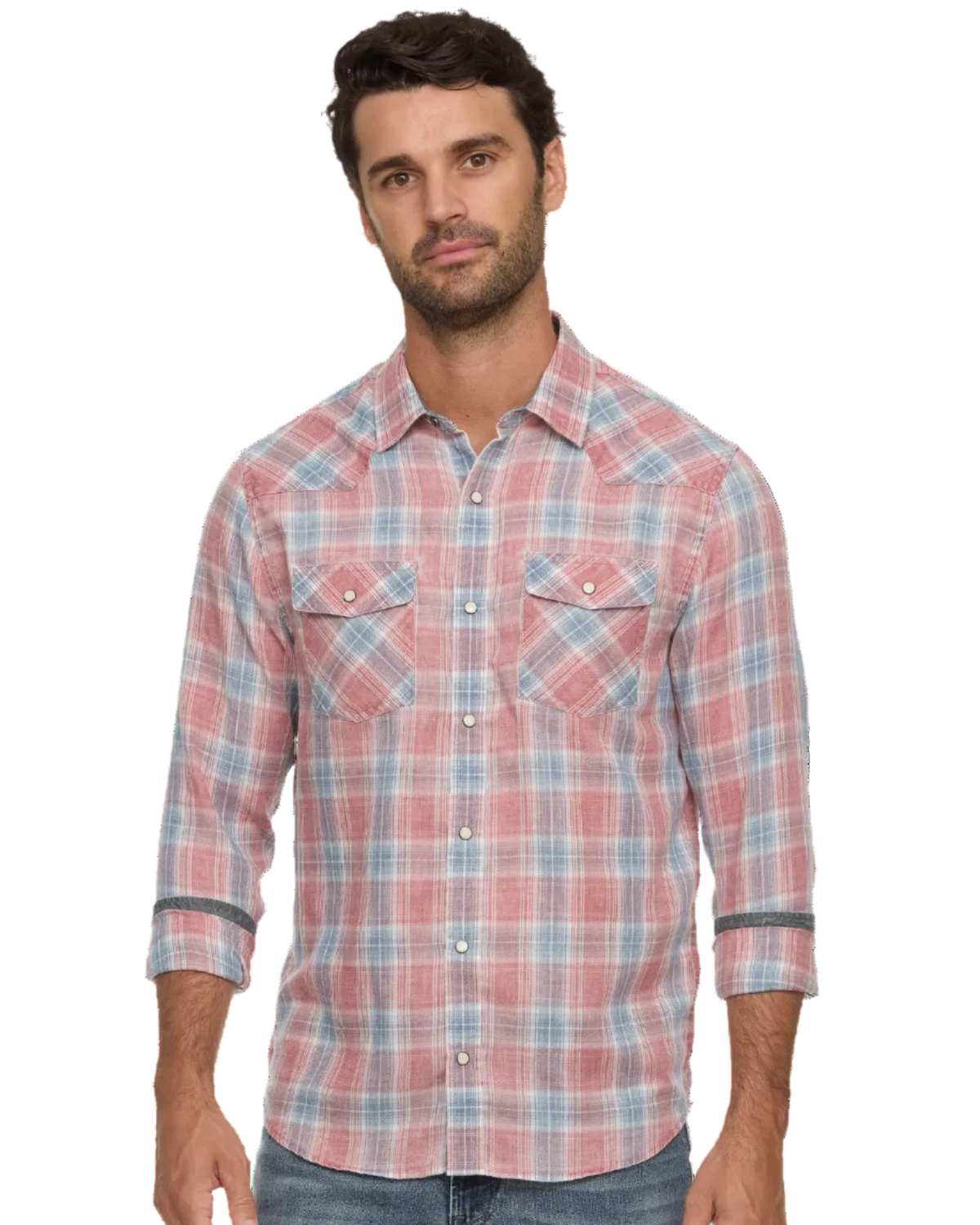 Man wearing a pink and blue plaid button-up shirt