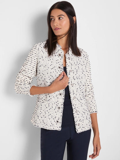 Nep Weave Miliary Fringe Mix Knit Jacket in multicolor dots by NIC AND ZOE, styled casually