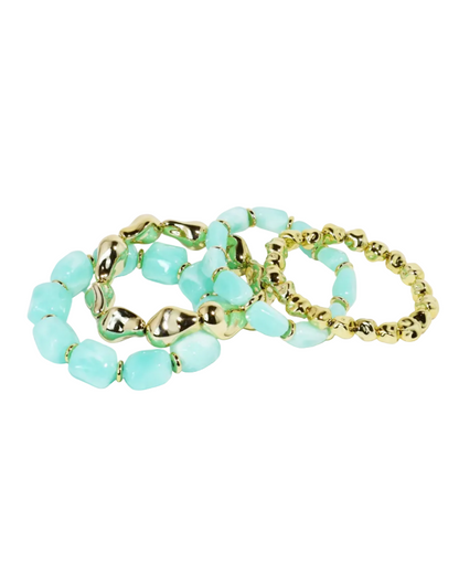 Mint All Day Bracelet Set with soft mint green beads and bold gold accents, Treasure Jewels curated