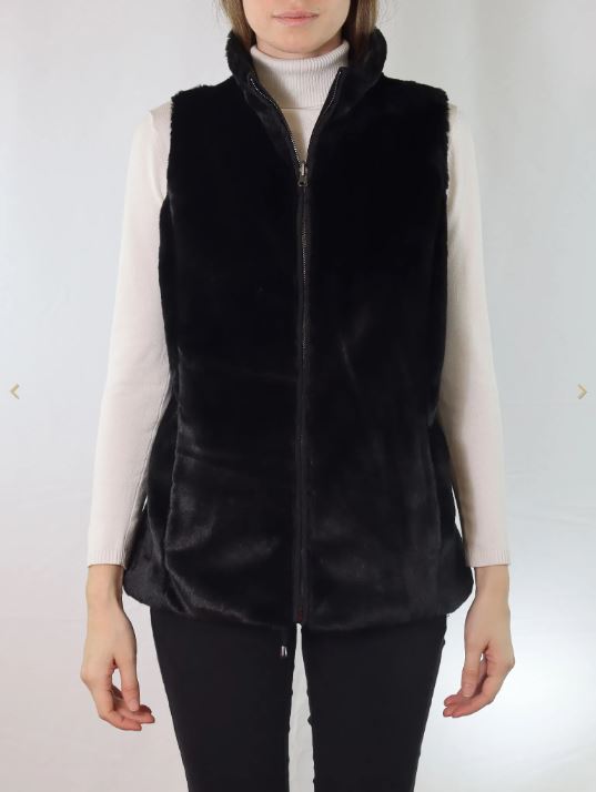 Reverse faux fur vest, black: front zip faux-fur gilet with stand collar