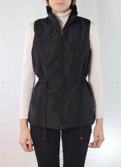 Black reversible vest: smooth front with center zip, cinched waist drawcords