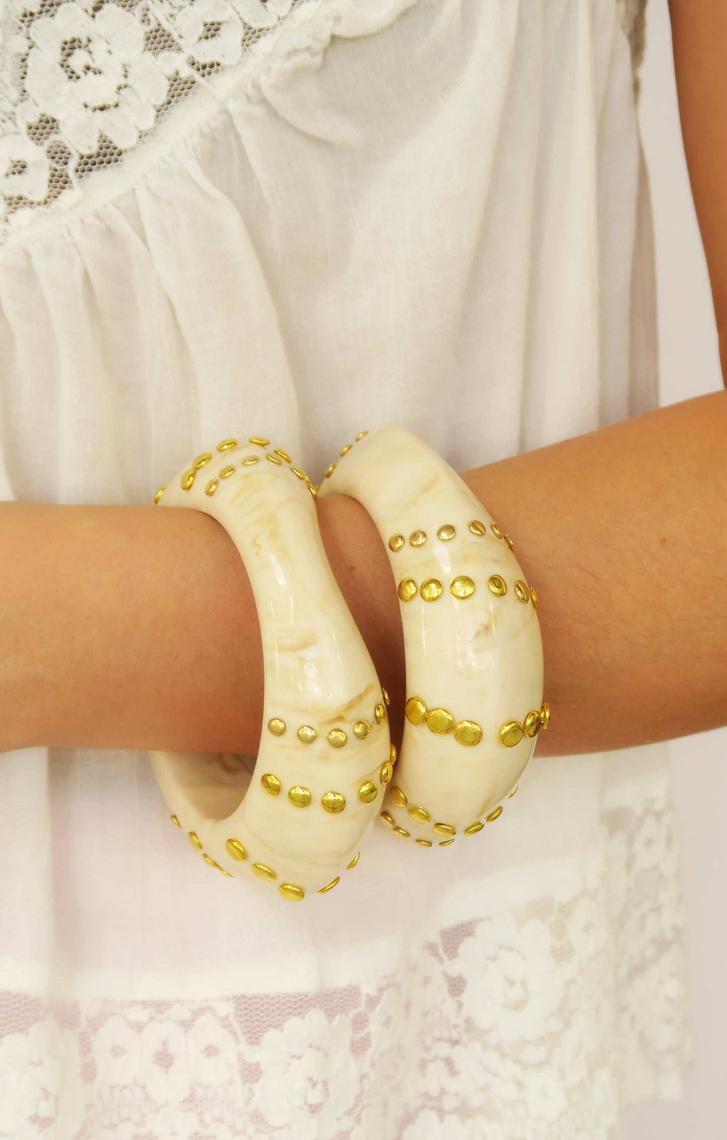 Bondi Bangle in ivory resin with gold studding, women's jewelry by ACCESSORY CONCIERGE
