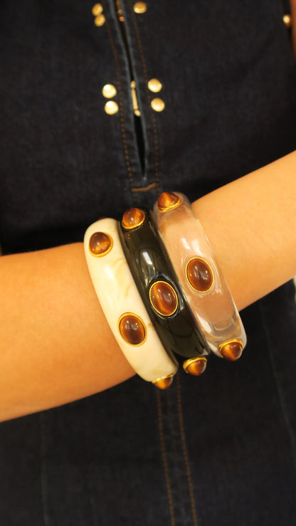 Bayside Bangle trio in ivory, black, and translucent resin with gold accents, Women's Jewelry HCO