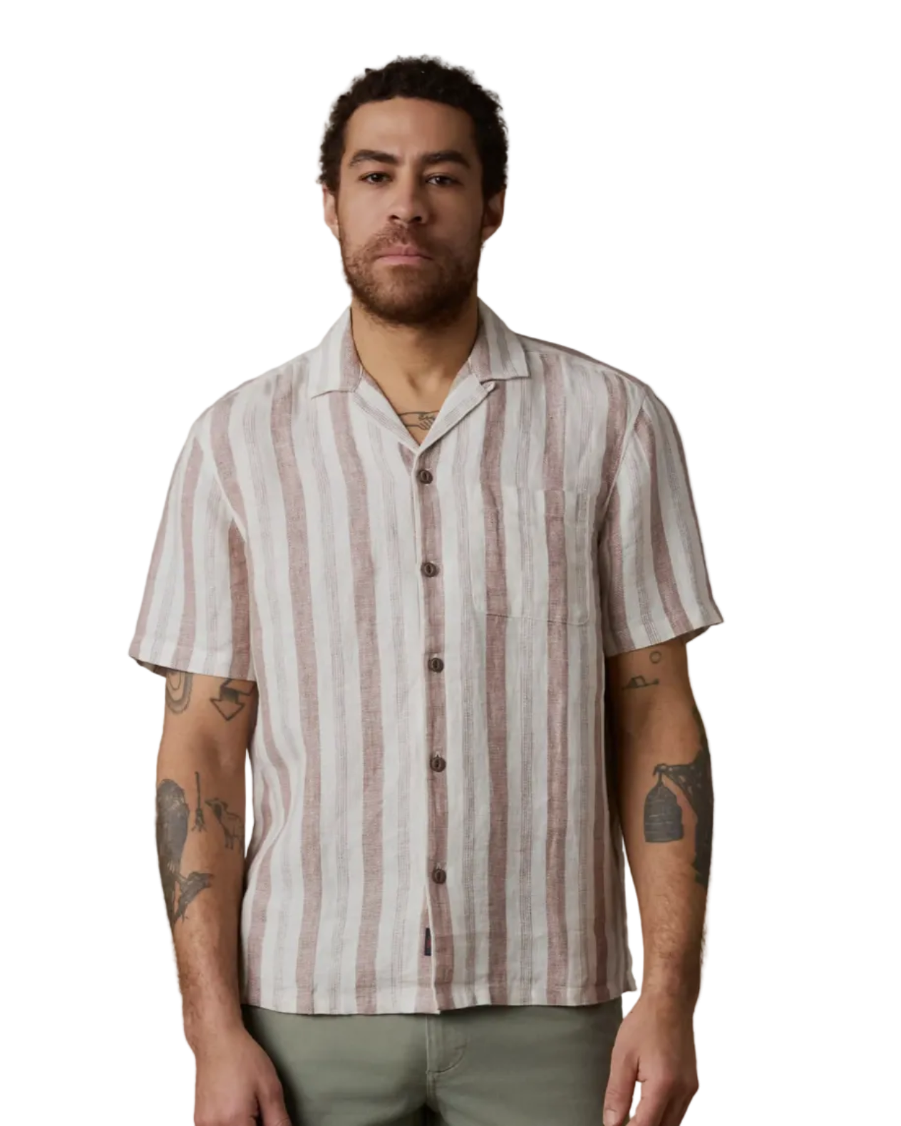 SS Palma Linen Camp Shirt - Island Brown Stripe in breathable linen, men's short sleeve shirt by FAHERTY
