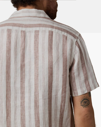 SS Palma Linen Camp Shirt - Island Brown Stripe in breathable linen, men's shirt at HCO Fredericksburg