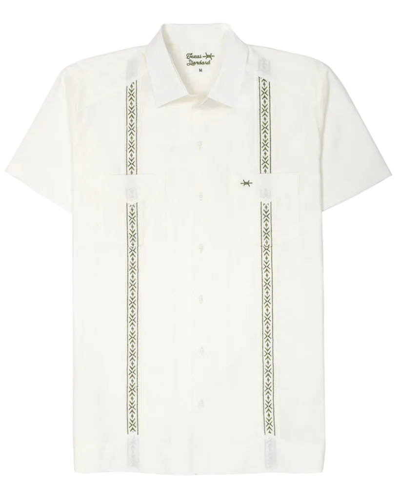 Tejas Guayabera - Flores in ivory with green geometric floral embroidery, TEXAS STANDARD men's shirt