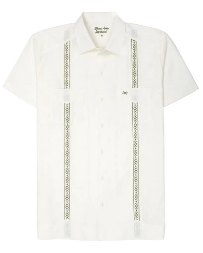 Tejas Guayabera - Flores in ivory with green geometric floral embroidery, TEXAS STANDARD men's shirt