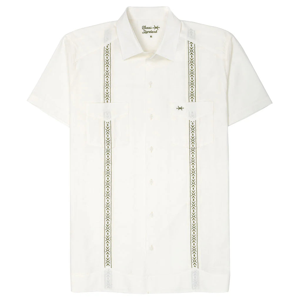 Tejas Guayabera - Flores in ivory with green geometric floral embroidery, TEXAS STANDARD shirt