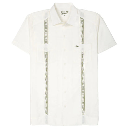 Tejas Guayabera - Flores in ivory with green geometric floral embroidery, TEXAS STANDARD shirt