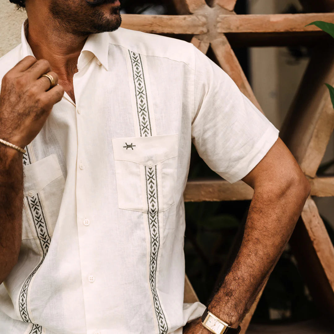 Tejas Guayabera - Flores ivory shirt with green geometric embroidery, TEXAS STANDARD men's short sleeve